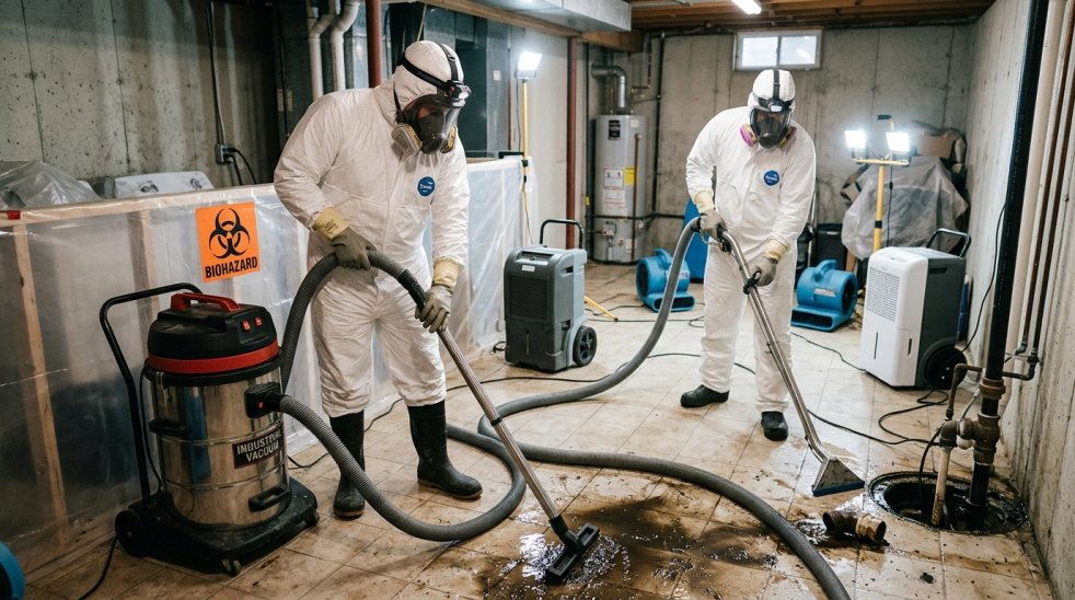 Technicians in protective suits vacuum sewage water from a basement during biohazard cleanup