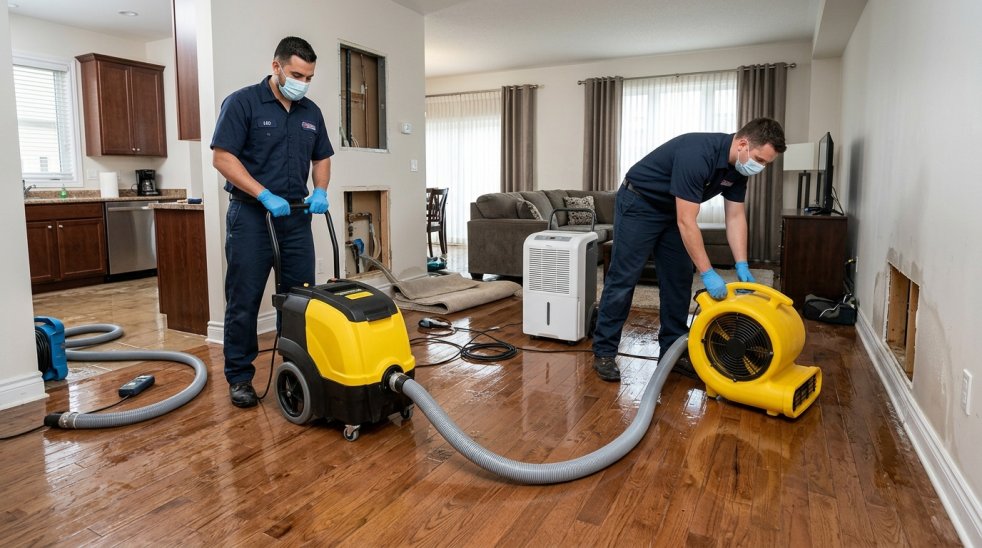 Technicians extracting water and drying hardwood floors in a living room after indoor water damage