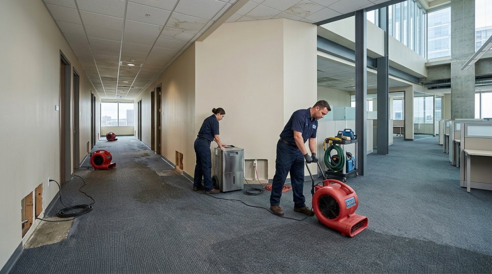 Workers drying water-damaged office carpet with air movers and dehumidifier in a commercial hallway and cubicle area