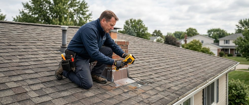 Roofer inspecting chimney flashing on a shingle roof of a suburban home with a handheld tool