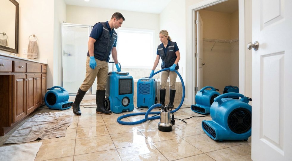 Two contractors using water extraction equipment in a flooded bathroom during emergency water removal